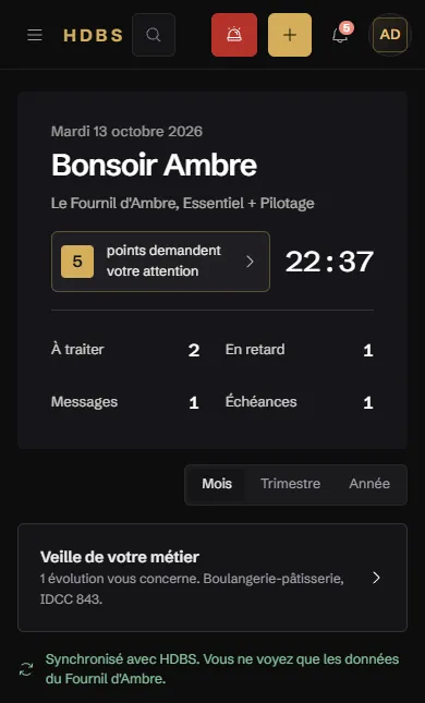 L'espace client HDBS sur téléphone : bonjour, points à traiter, veille du métier et chiffres du mois